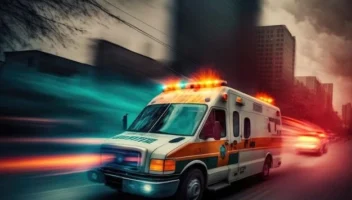 Ambulance driving in city street with clouded sky created using generative ai technology Premium AI generated image